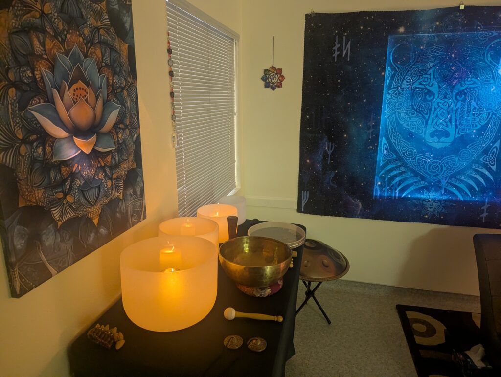 multiple photos of crystal bowls and the rooms availble for healing sessions at Doc Hypnosis.
