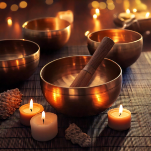 copper himilayan singing bowls with burning candles