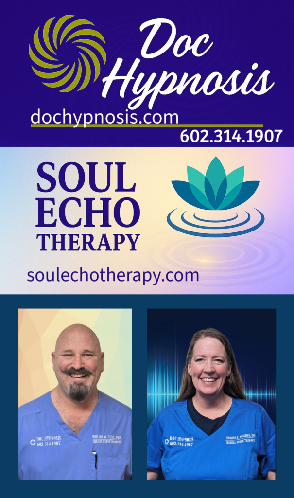 Doc Hypnosis Logo, Soul Echo Therapy Logo, photo of Dr. Deihl and Dr. Couldry