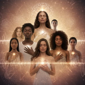 AI generated photo multiple women in a circle layout, multiple ethnicities and ages, glowing energy in their hearts and around their heads.