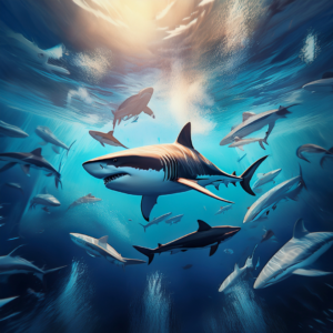 graphic of sharks in a circling pattern - symbolizing a hunting party