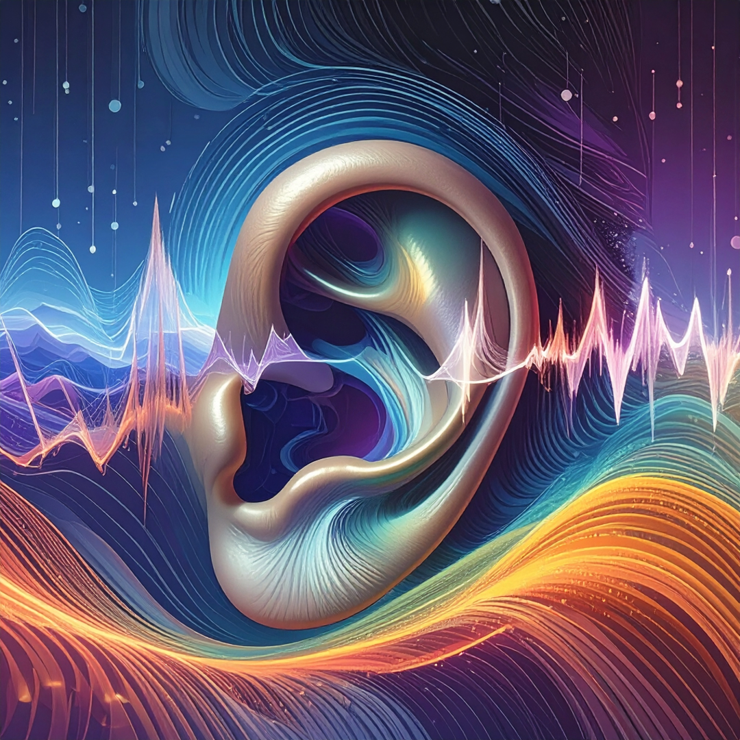 sound waves with colorful patterns, human ear, symbolizing sound therapy