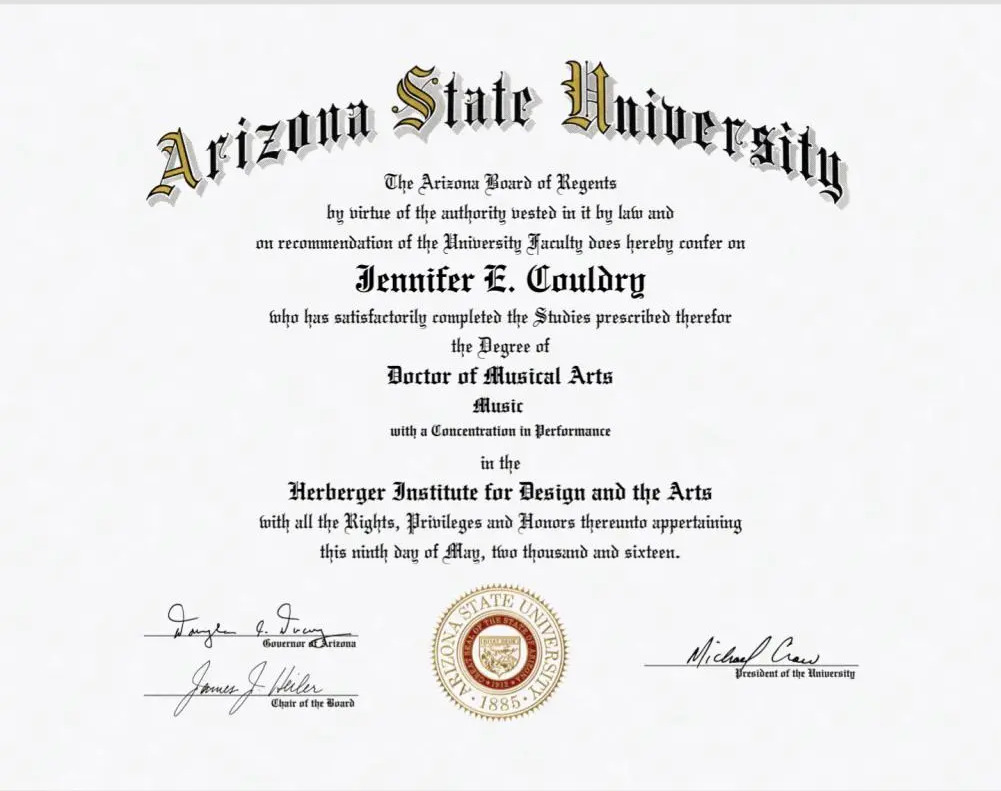 Doctoral diploma from ASU in Musical Arts