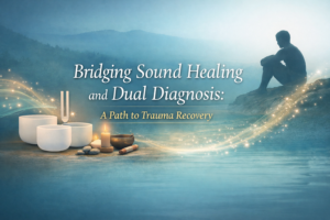 Crystal singing bowls, and candles, with light blue design elements, person sitting with their arms around their knees.