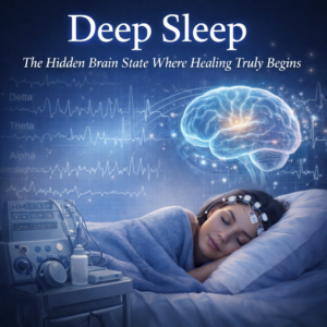 image of person sleeping with measuring devices on their head and brain waves in the background with a electric blue brain image - text Deep SLeep The hidden brain state where healing truly begins