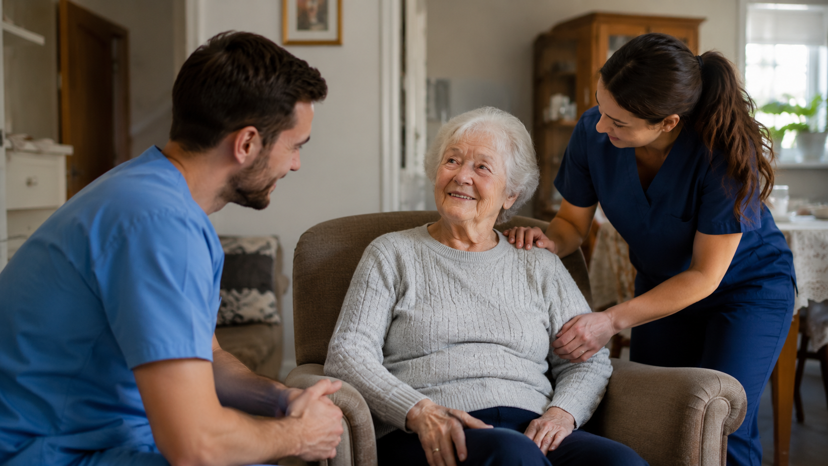 Elderly woman in a chair, male and female nurse assisting her in getting up.